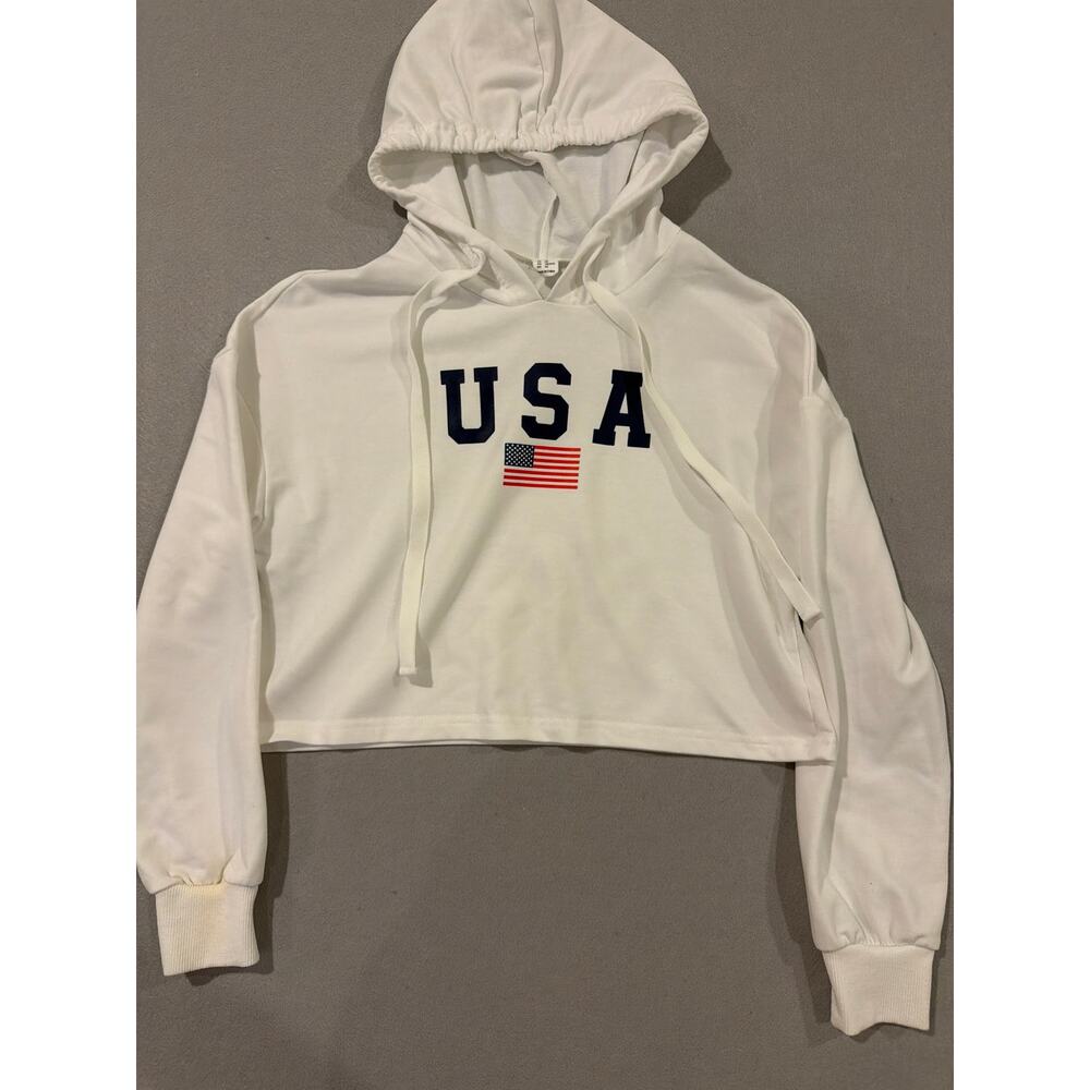 USA Flag Cropped lightweight Hoodie White Patriotic Pullover Sweatshirt XS